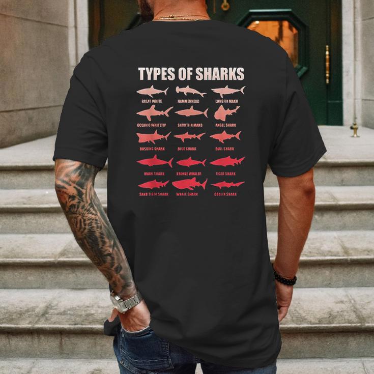 Types Of Sharks 15 Great White Hammerhead Marine Bio Mens Back Print T-shirt Gifts for Men