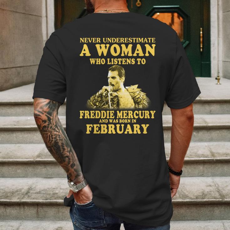 Never Underestimate A Woman Who Listens To Freddie Mercury And Was Born In February Shirt Mens Back Print T-shirt Gifts for Men