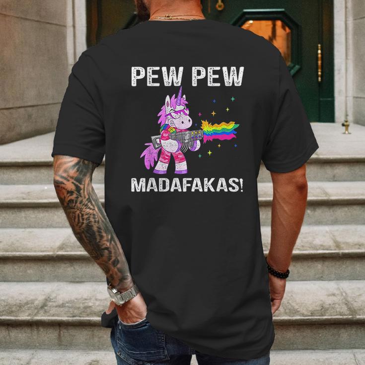 Unicorn Pew Pew Madafakas Vintage Crazy Cat Funny Graphic Mens Back Print T-shirt Gifts for Men