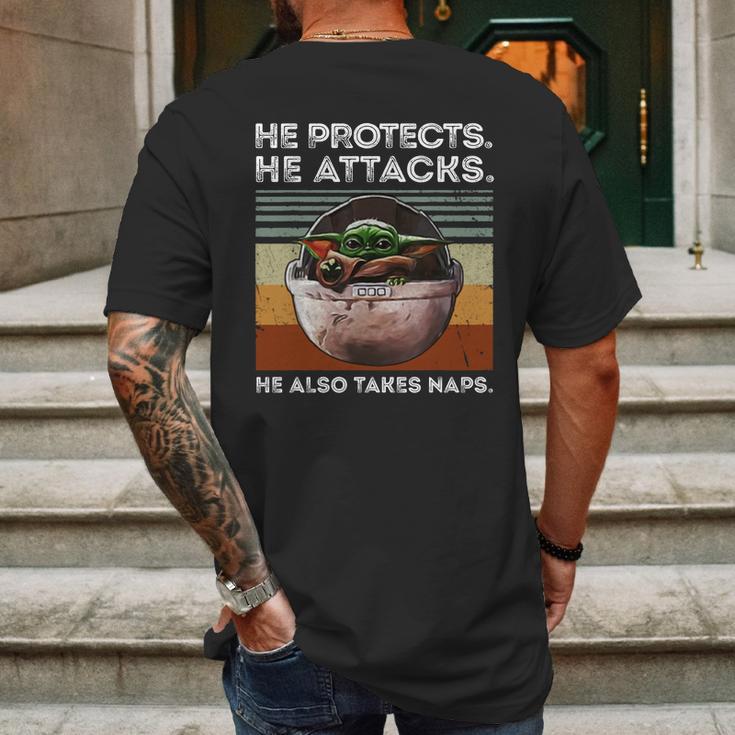 Vintage Baby Yoda He Protects He Attacks He Also Takes Naps Shirt Mens Back Print T-shirt Gifts for Men