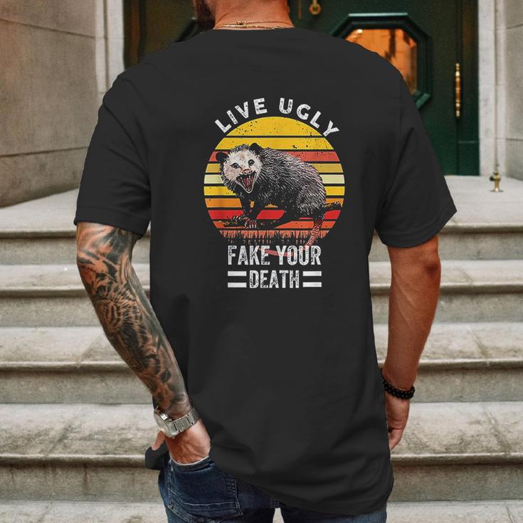 Vintage Live Ugly Fake Your Death Funny Opossum Mens Back Print T-shirt Gifts for Men