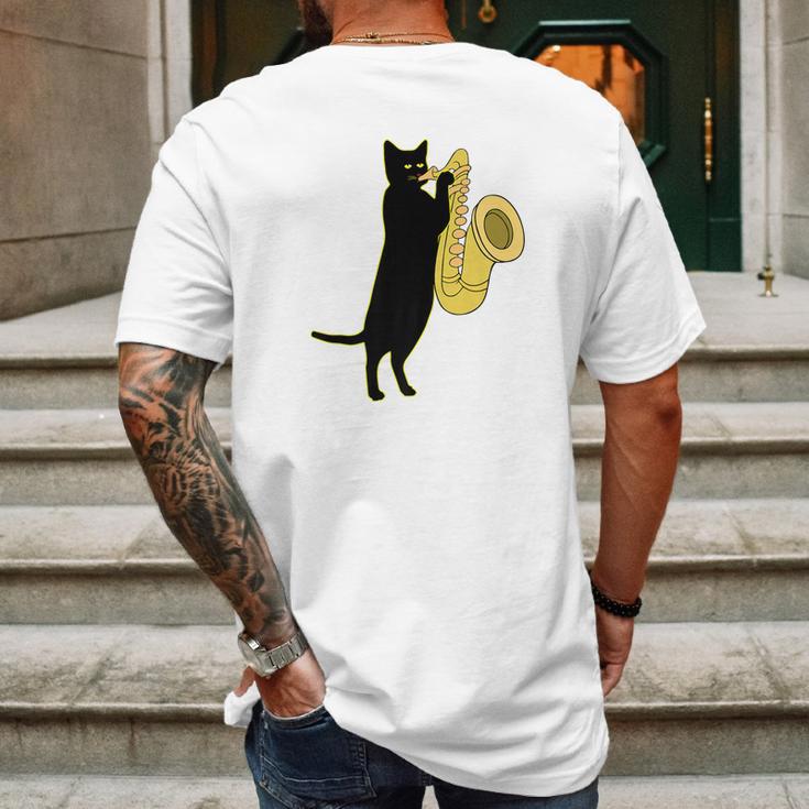 Cat Playing Saxophone Shirt Cool Wind Instrument Sax Gift Mens Back Print T-shirt Gifts for Men