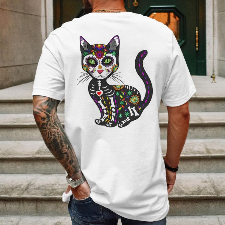 Cute Sugar Skull Mexican Cat Halloween Day Of The Dead Mens Back Print T-shirt Gifts for Men