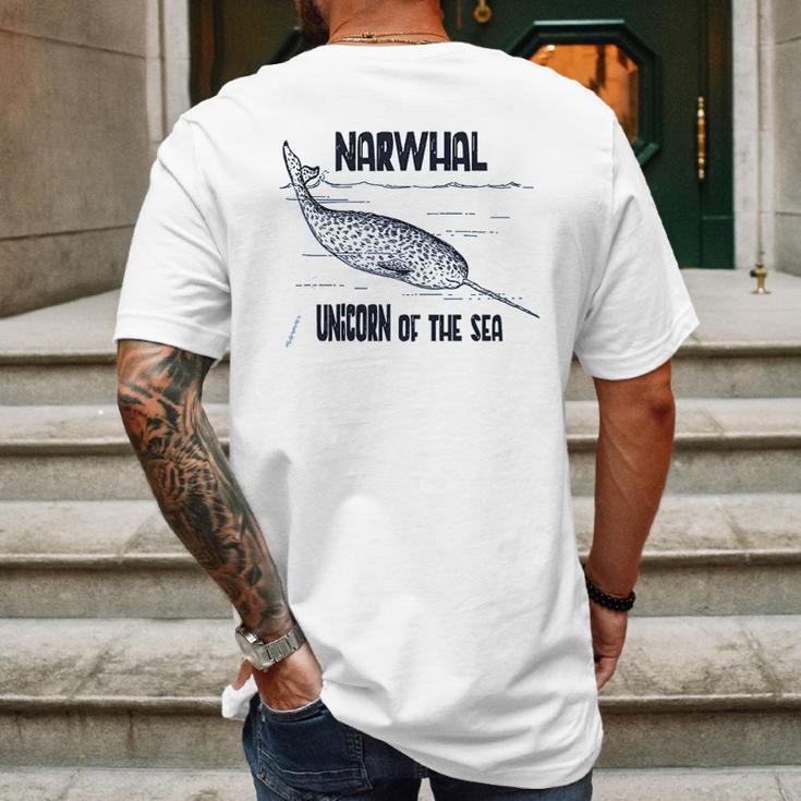 Narwhal Unicorn Of The Sea Humpback Whales Cetaceans Deep Blue Ocean Waves Nautical Marine Mammals Mens Back Print T-shirt Gifts for Men