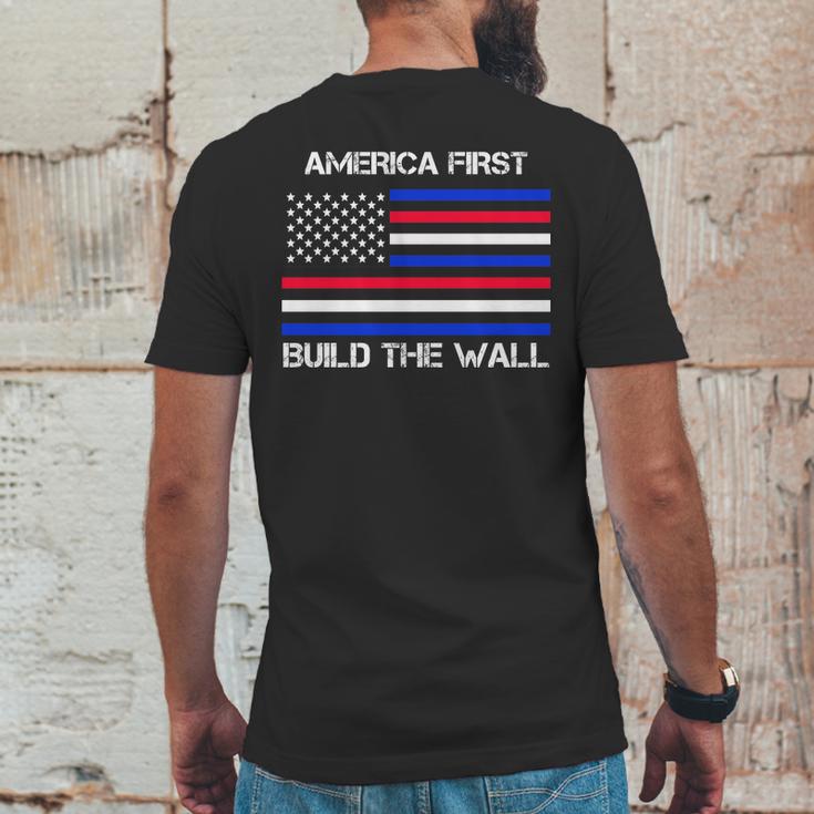 America First Build The Wall Flag Mens Back Print T-shirt Funny Gifts