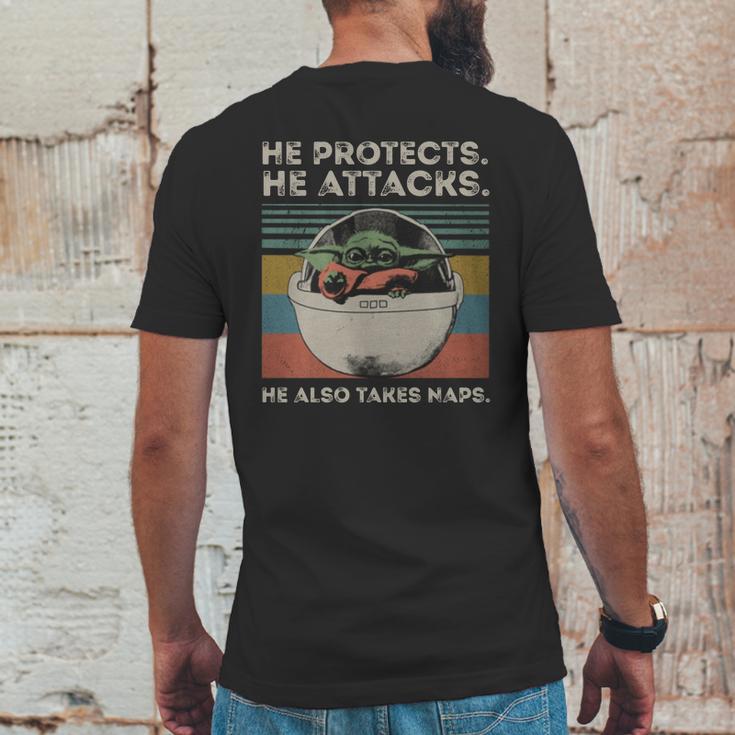 Baby Yoda He Protects He Attacks He Also Takes Naps Vintage Shirt Mens Back Print T-shirt Funny Gifts