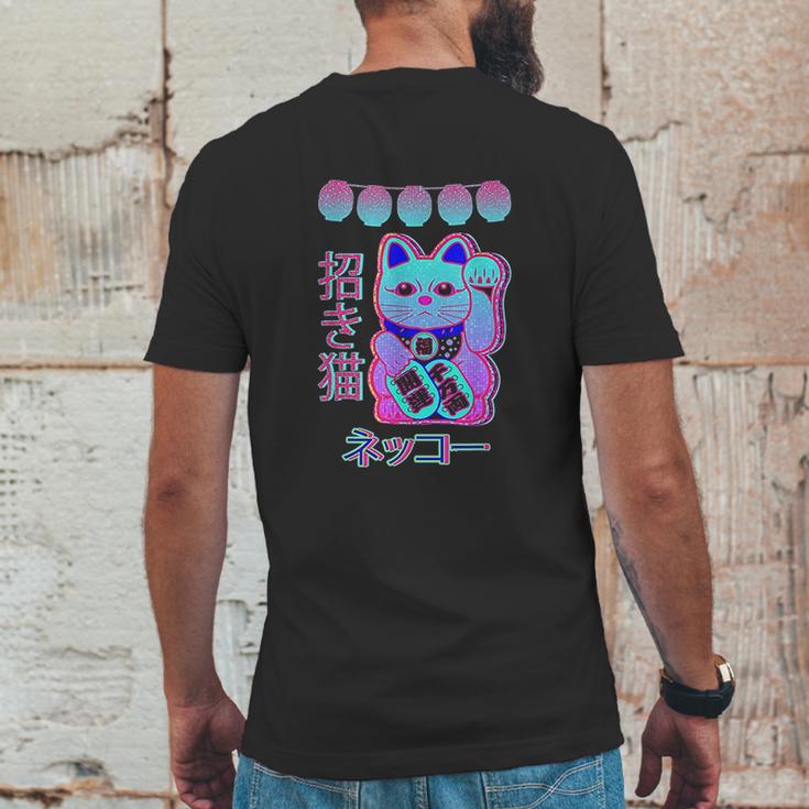 Cat Japanese Welcome Vaporwave Aesthetic Otaku | Maneki Neko Mens Back Print T-shirt Funny Gifts