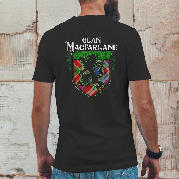 Clan Macfarlane Surname Scottish Tartan Lion Rampant Crest Mens Back Print T-shirt Funny Gifts