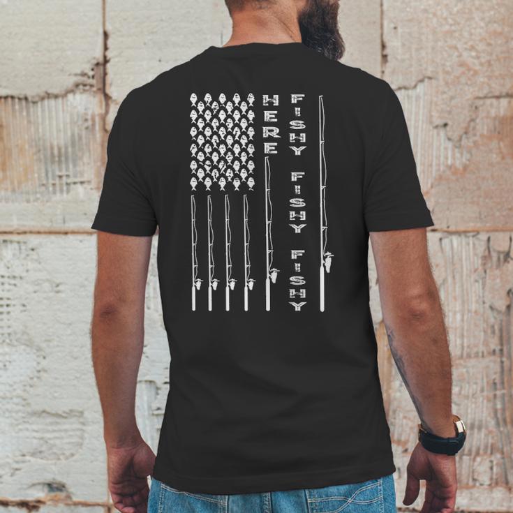 Here Fishy American Flag Mens Back Print T-shirt Funny Gifts