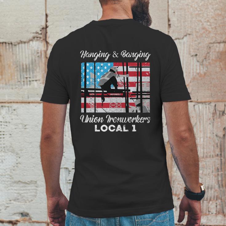 Hanging And Banging Union Ironworkers Us Flag Labor Day Gift Graphic Design Printed Casual Daily Basic Mens Back Print T-shirt Funny Gifts