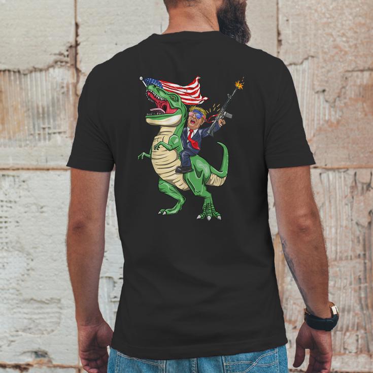 Machine Gun Trump On Rex Dinosaur With American Flag Graphic Design Printed Casual Daily Basic Mens Back Print T-shirt Funny Gifts