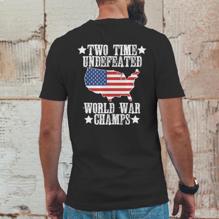 Undefeated Two 2 Time World War Champs Champions Usa Mens Back Print T-shirt Funny Gifts