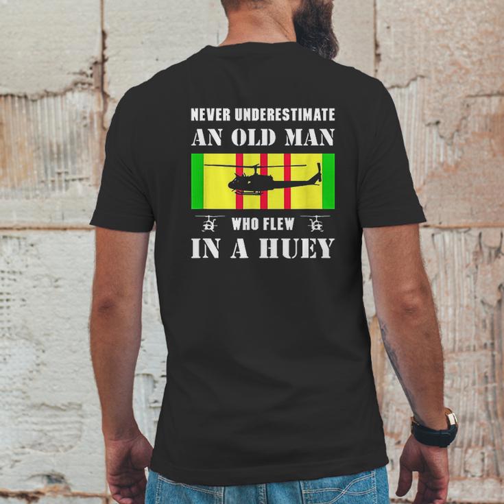 Never Underestimate Old Man Who Flew In Huey Vietnam Veteran Mens Back Print T-shirt Funny Gifts