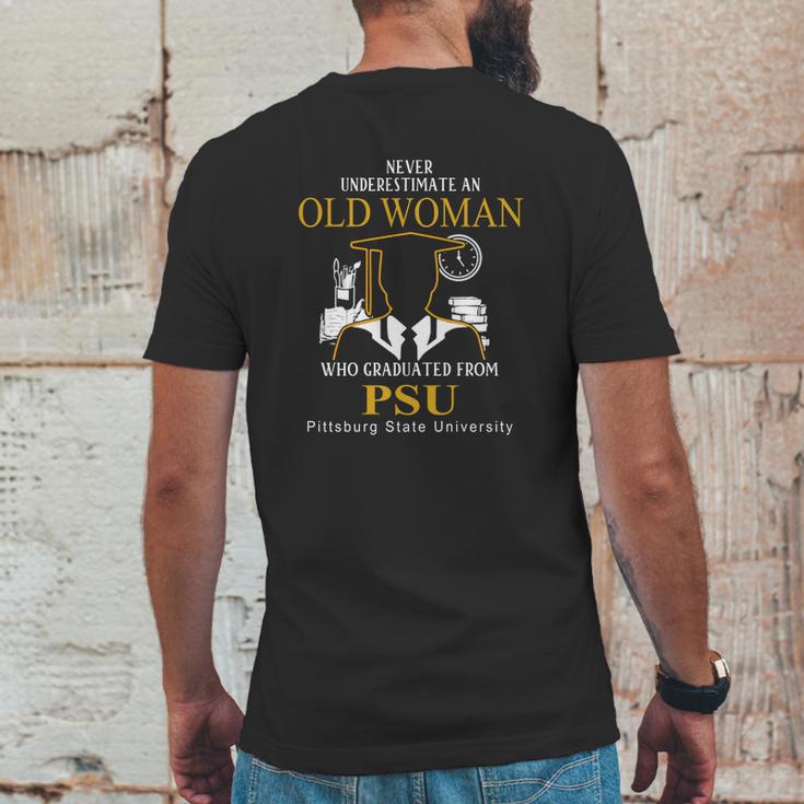 Never Underestimate An Old Woman Who Graduated From Psu Pittsburg State University Mens Back Print T-shirt Funny Gifts