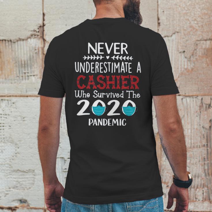 Never Underestimate Who Survived The Pandemic Cashier Mens Back Print T-shirt Funny Gifts