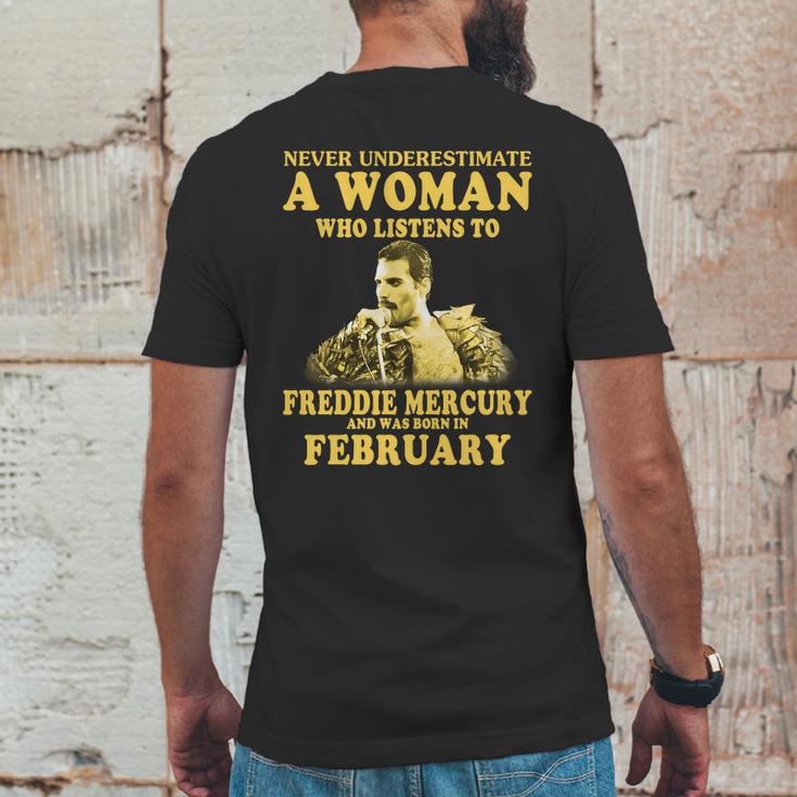 Never Underestimate A Woman Who Listens To Freddie Mercury And Was Born In February Shirt Mens Back Print T-shirt Funny Gifts