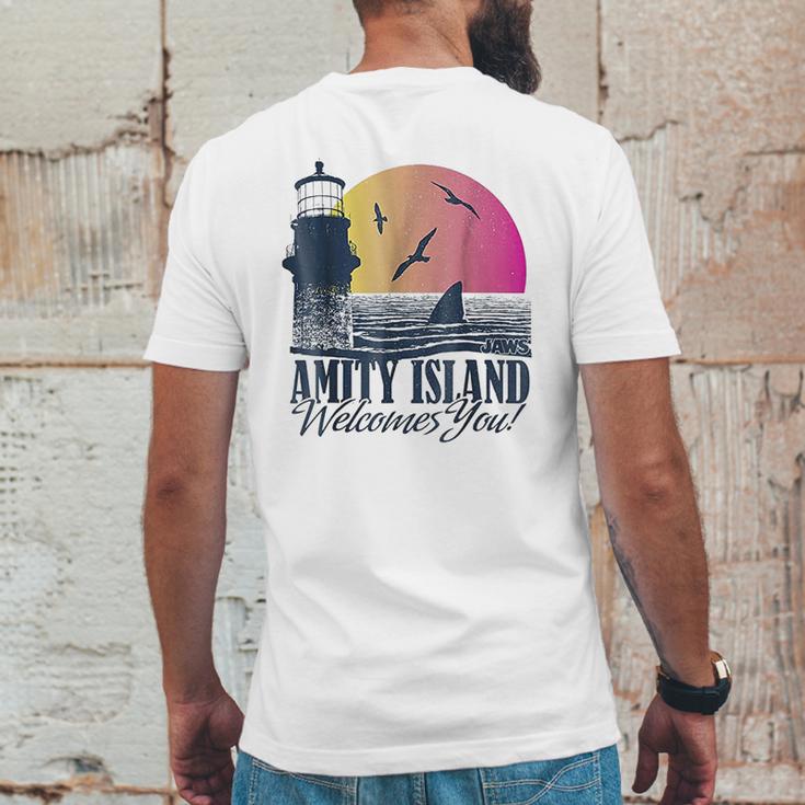 Jaws Sun Set Amity Island Welcomes You Graphic Mens Back Print T-shirt Funny Gifts