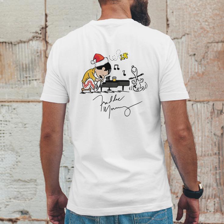 Santa Freddie Mercury Snoopy Peanuts Playing Piano Shirt Mens Back Print T-shirt Funny Gifts