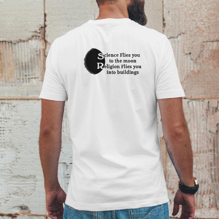 Science Flies You To The Moon Religion Into Buildings Atheist Mens Back Print T-shirt Funny Gifts