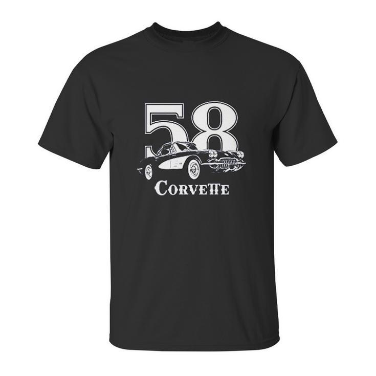 1958 Corvette Three Quarter View With Year And Model Dark Color Unisex T-Shirt