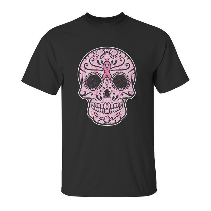 Breast Cancer Sugar Skull Day Of The Dead Dia De Los Muertos Unisex T-Shirt