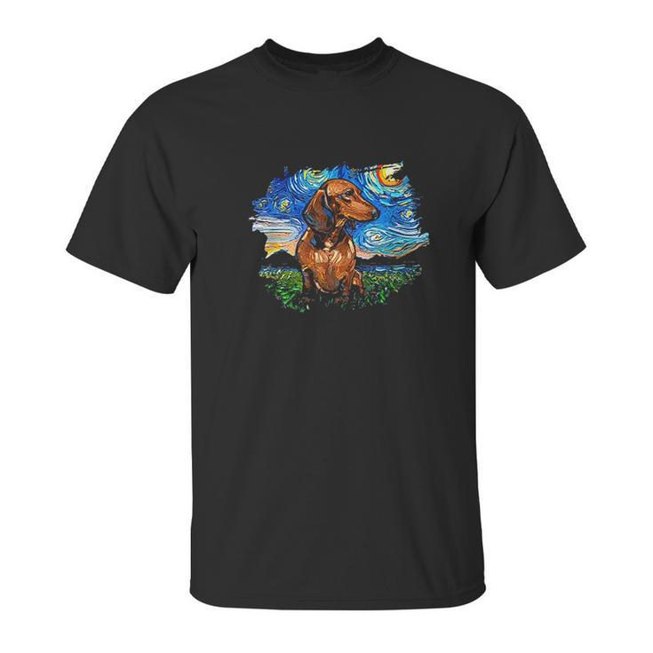 Brown Short Hair Dachshund Starry Night Dog Art By Aja Unisex T-Shirt