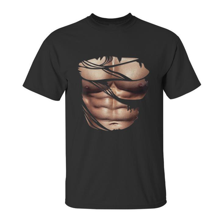 Fake Muscles Ripped Torn Chest Six Pack Abs Fitness Model Unisex T-Shirt