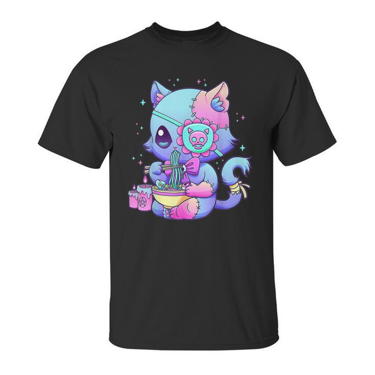 Pastel Goth Aestic Kawaii Creepy Cat Eating Ramen Noodles Unisex T-Shirt