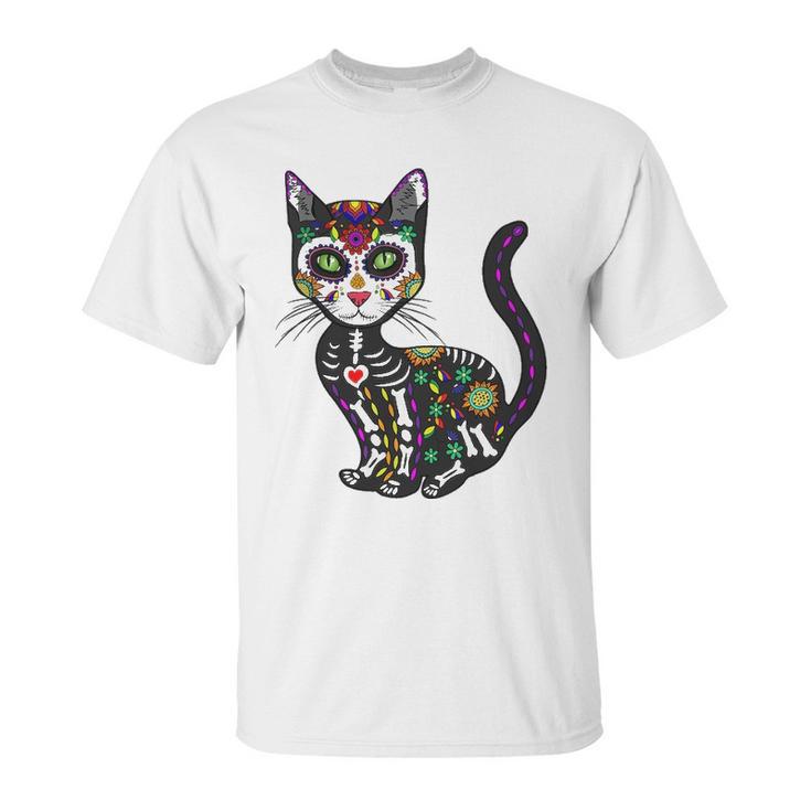 Cute Sugar Skull Mexican Cat Halloween Day Of The Dead Unisex T-Shirt