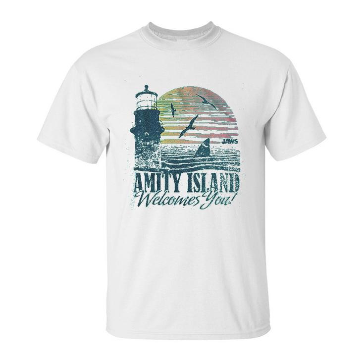 Jaws Amity Island Welcomes You Lighthouse Mahi Heather Unisex T-Shirt