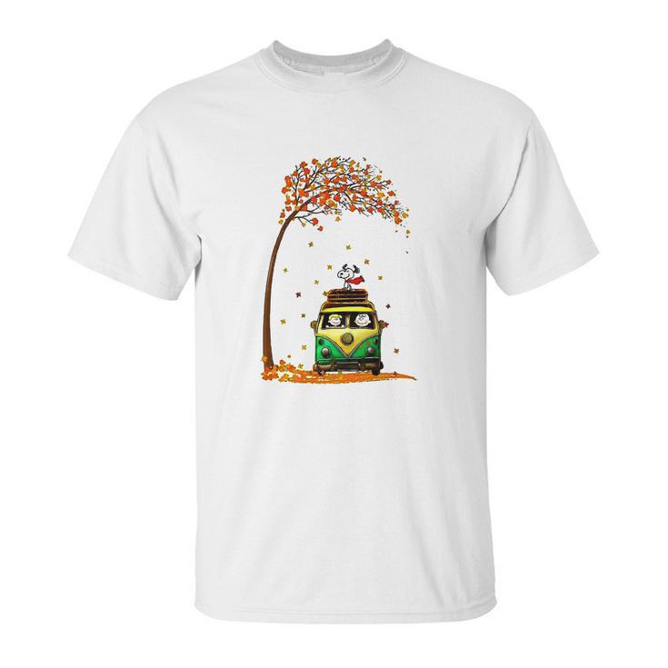 Snoopy With Friends Hippie Car Autumn Leaf Unisex T-Shirt