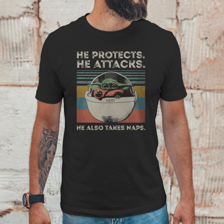 Baby Yoda He Protects He Attacks He Also Takes Naps Vintage Shirt Unisex T-Shirt Gifts for Him