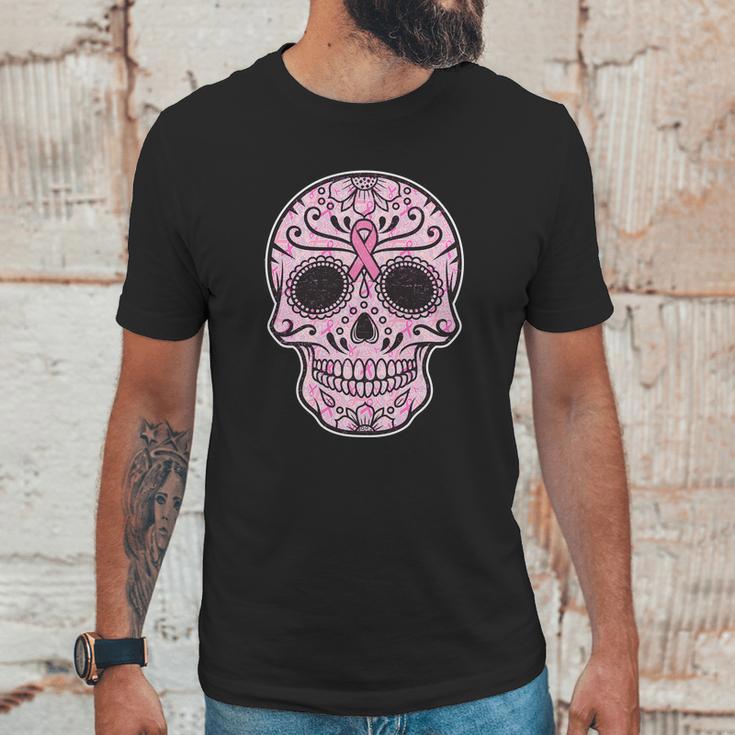 Breast Cancer Sugar Skull Day Of The Dead Dia De Los Muertos Unisex T-Shirt Gifts for Him