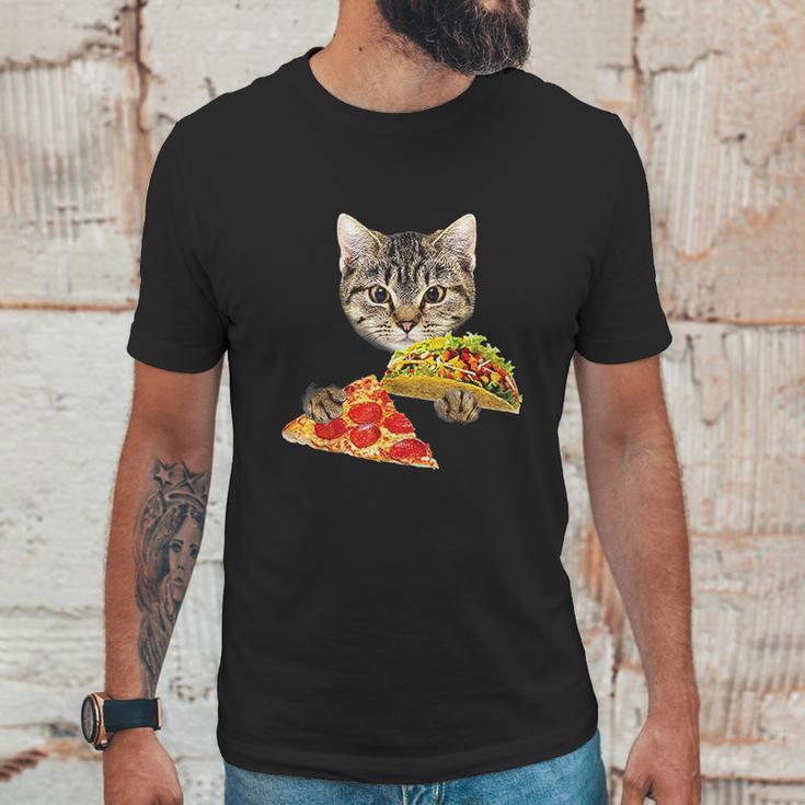 Cat Eating Taco And Pizza Shirt Funny Kitty By Zany Brainy Unisex T-Shirt Gifts for Him