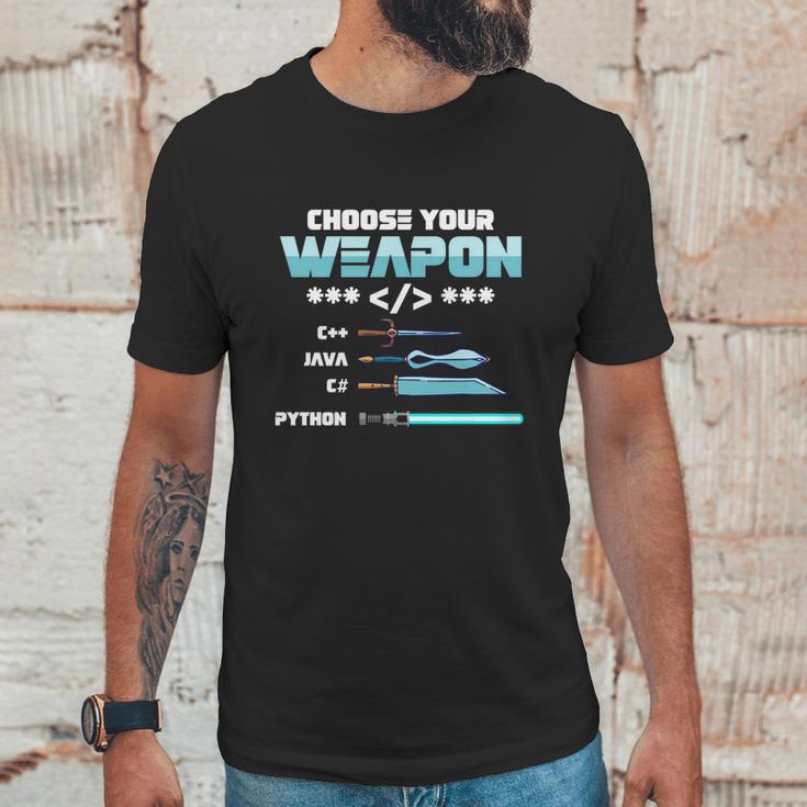 Choose Your Weapon C Java Python C Programmers Gift Graphic Design Printed Casual Daily Basic Unisex T-Shirt Gifts for Him