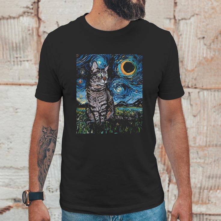 Gray Tabby Tiger Cat Starry Night Moon And Stars Art By Aja Unisex T-Shirt Gifts for Him