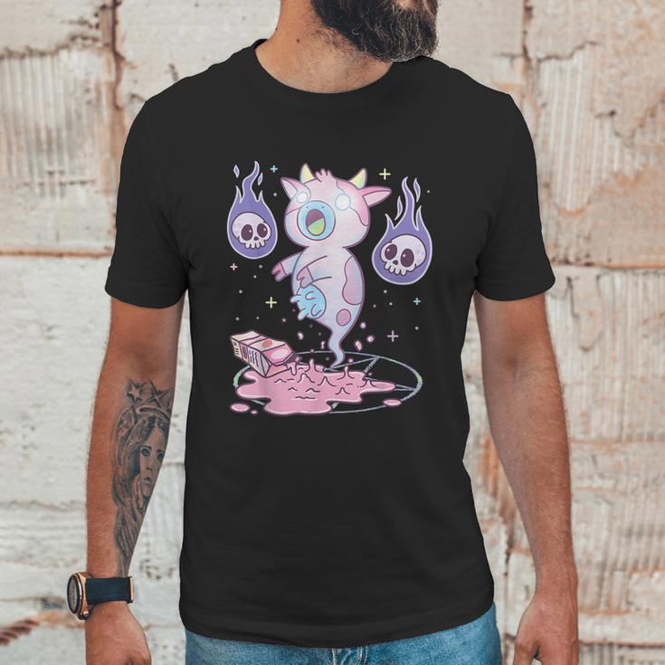 Kawaii Pastel Goth Cute Creepy Strawberry Milk Ghost Cow Graphic Design Printed Casual Daily Basic Unisex T-Shirt Gifts for Him