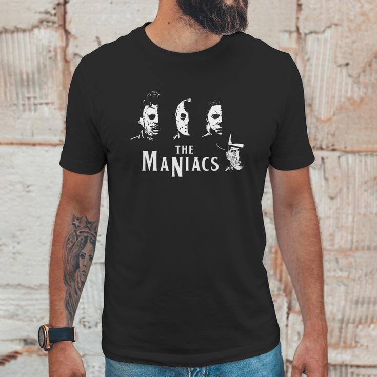 The Maniacs Features Leatherface Michael Myers Jason Voorhees And Freddy Krueger Shirt Hoodie Sweater Longsleeve T-Shirt Unisex T-Shirt Gifts for Him