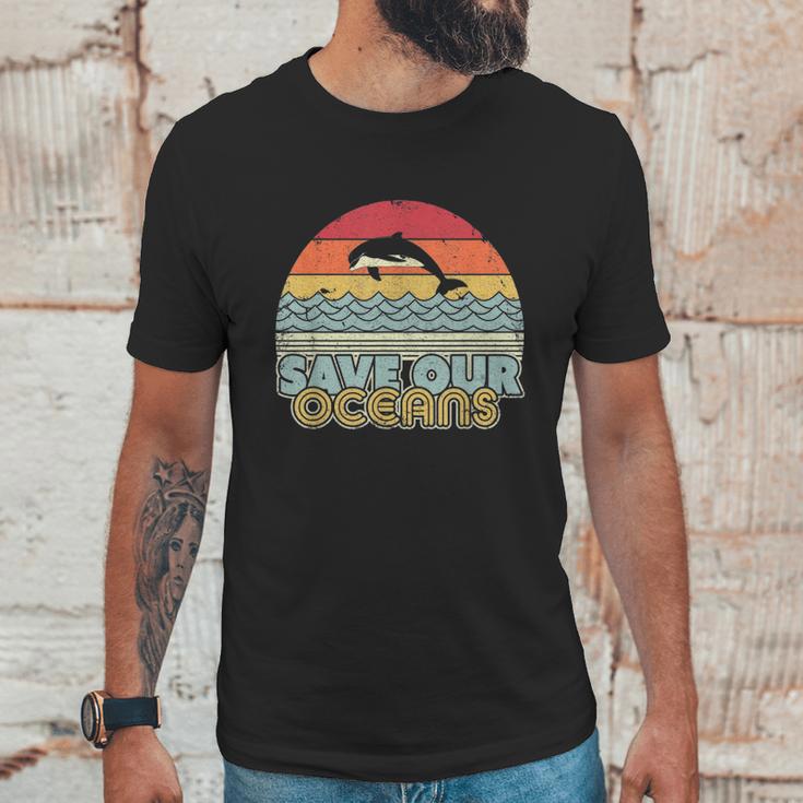 Save Our Oceans Dolphin Retro Style Climate Change Unisex T-Shirt Gifts for Him