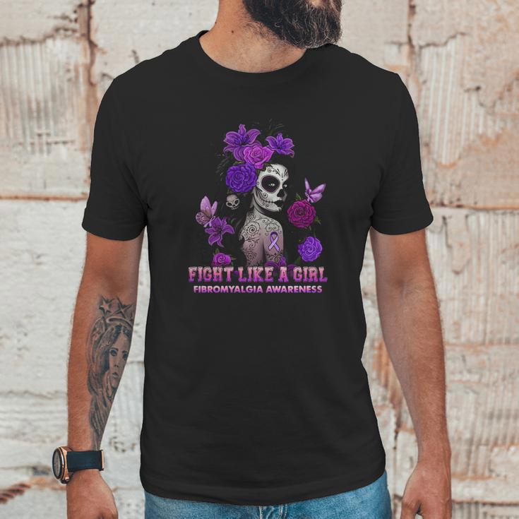 Sugar Skull Fight Like A Girl Fibromyalgia Awareness Shirt Unisex T-Shirt Gifts for Him