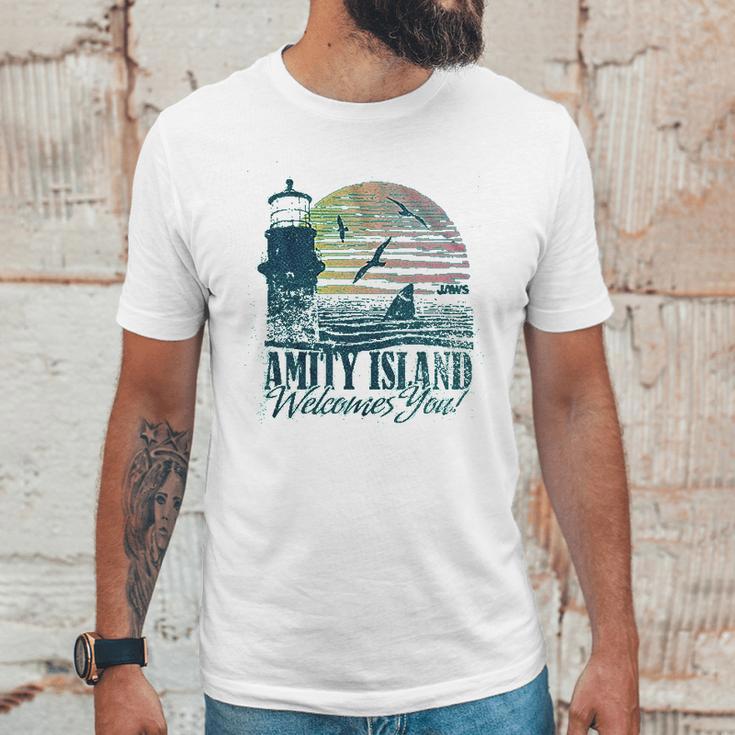 Jaws Amity Island Welcomes You Lighthouse Mahi Heather Unisex T-Shirt Gifts for Him