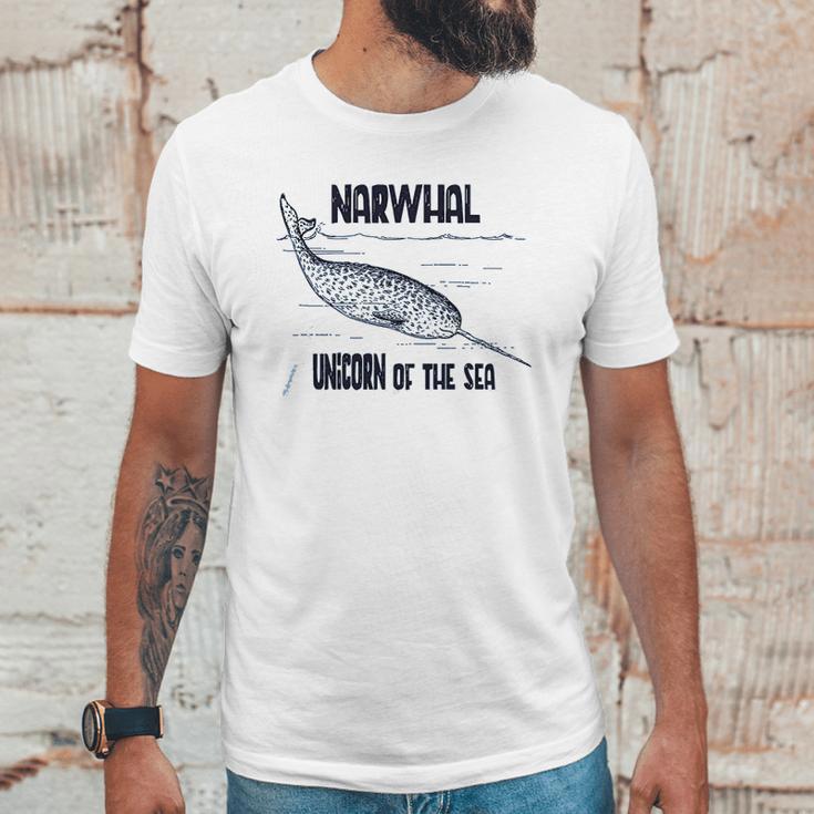 Narwhal Unicorn Of The Sea Humpback Whales Cetaceans Deep Blue Ocean Waves Nautical Marine Mammals Unisex T-Shirt Gifts for Him