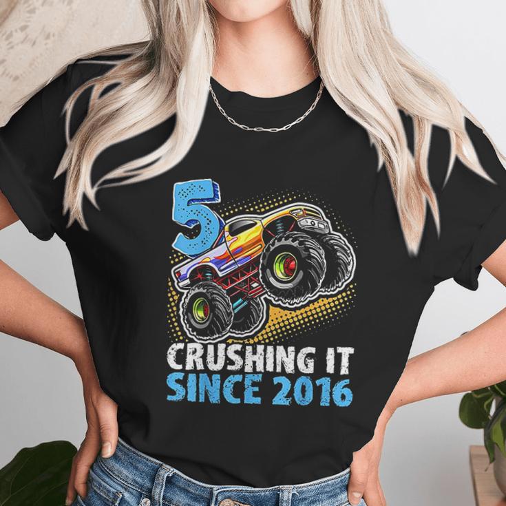 5 Crushing It Since 2016 Monster Truck 5Th Birthday Gift Boy Unisex T-Shirt Gifts for Her