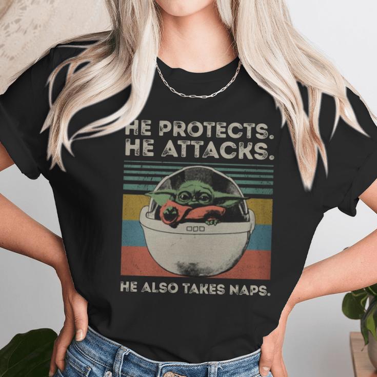 Baby Yoda He Protects He Attacks He Also Takes Naps Vintage Shirt Unisex T-Shirt Gifts for Her