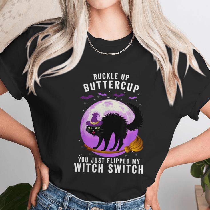 Buckle Up Buttercup Scary Halloween Black Cat Costume Witch Unisex T-Shirt Gifts for Her