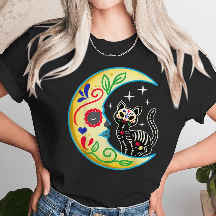 Cat Moon Sugar Skull Dia De Los Muertos Day Of He Dead Unisex T-Shirt Gifts for Her