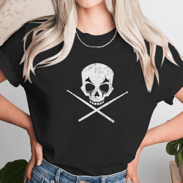 Drummer Drum Sticks Skull Black Metal Unisex T-Shirt Gifts for Her