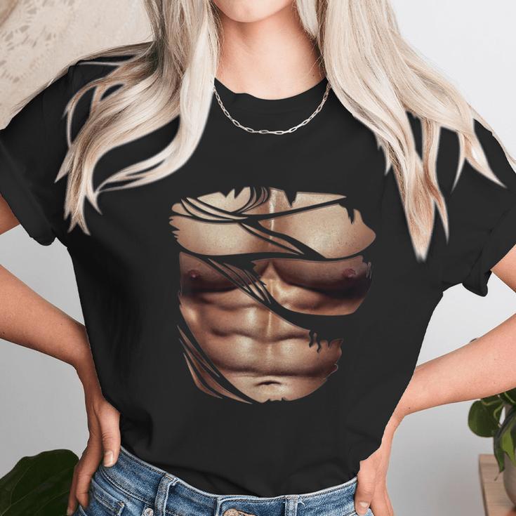 Fake Muscles Ripped Torn Chest Six Pack Abs Fitness Model Unisex T-Shirt Gifts for Her