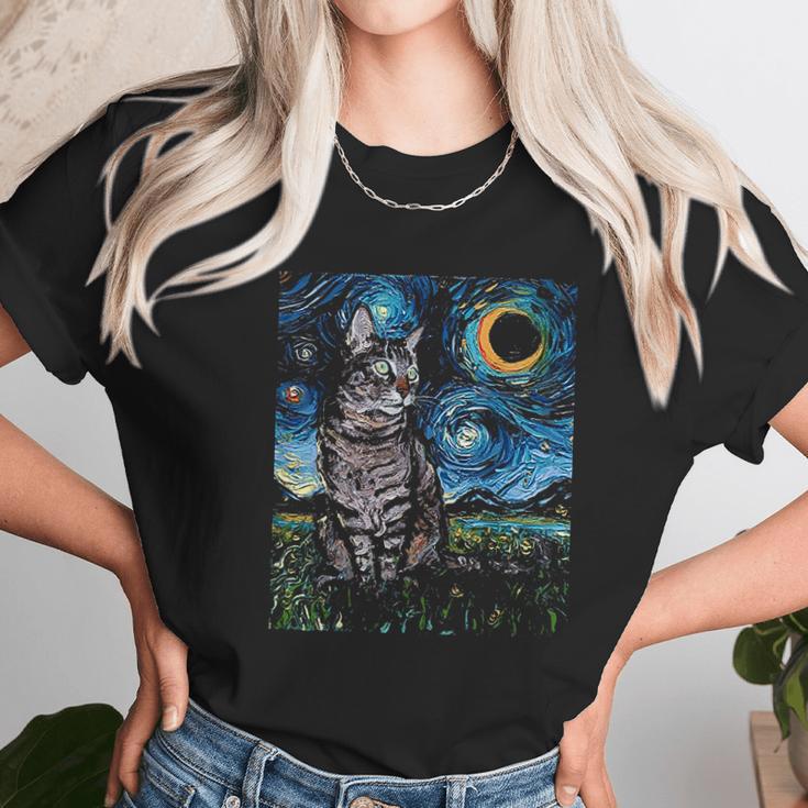 Gray Tabby Tiger Cat Starry Night Moon And Stars Art By Aja Unisex T-Shirt Gifts for Her