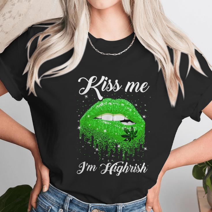 Kiss Me Im Highrish 420 Cannabis Marijuana Weed Lips Gift Graphic Design Printed Casual Daily Basic Unisex T-Shirt Gifts for Her